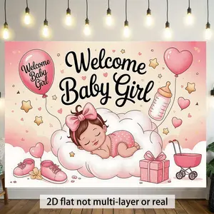 2D Flat, 1pc Welcome Baby Girl Illustration Polyester Banner Wall Hanging Backdrop - Pink & White Youngsters Shower Decor with Heart Balloons, Stroller & Gift Box Design, Perfect for Family Parties, Weddings, Birthd