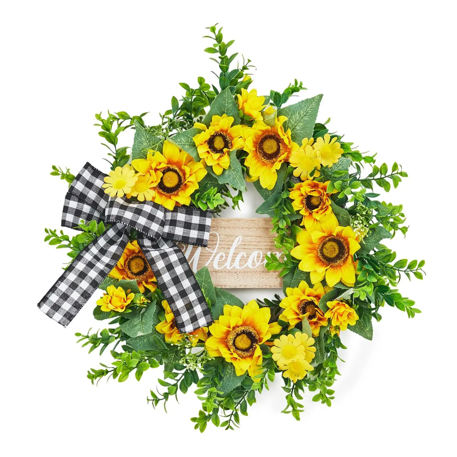 20 Inch Sunflower Wreath with Welcome Sign, Spring Summer Wreaths for Front Door with Yellow Blooms and Buffalo Plaid Bow, for Farmhouse Porch Window Wall Home Decor