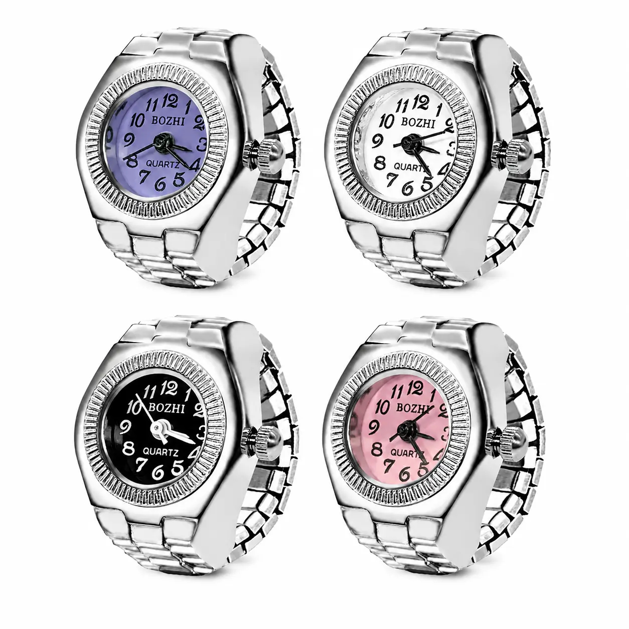 Fashion Ring Watch for Women – Silver Stainless Steel Mini Quartz Finger Ring Watch, Adjustable Elastic Band Wrist Ring Clock Jewelry Accessory, 4 Color Dial Options (White, Black, Pink, Lavender)