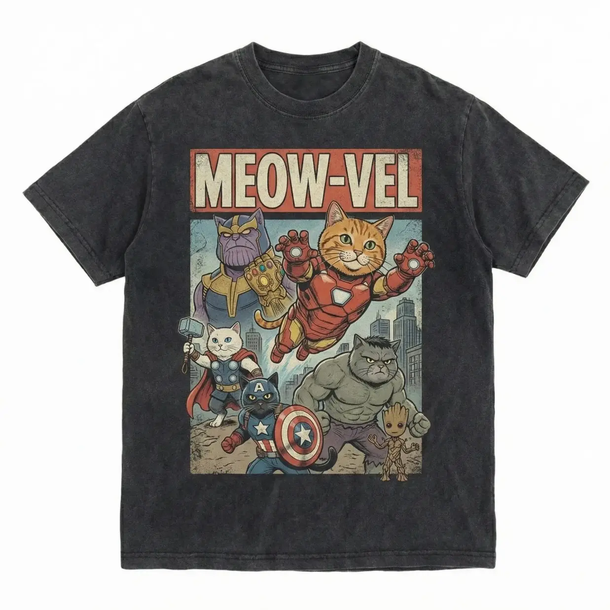 Meow-Vel Cat Graphic Tee Funny Super Cats Shirt Oversized Vintage Streetwear Unisex Cat Lover Gift T-Shirt Vintage wash