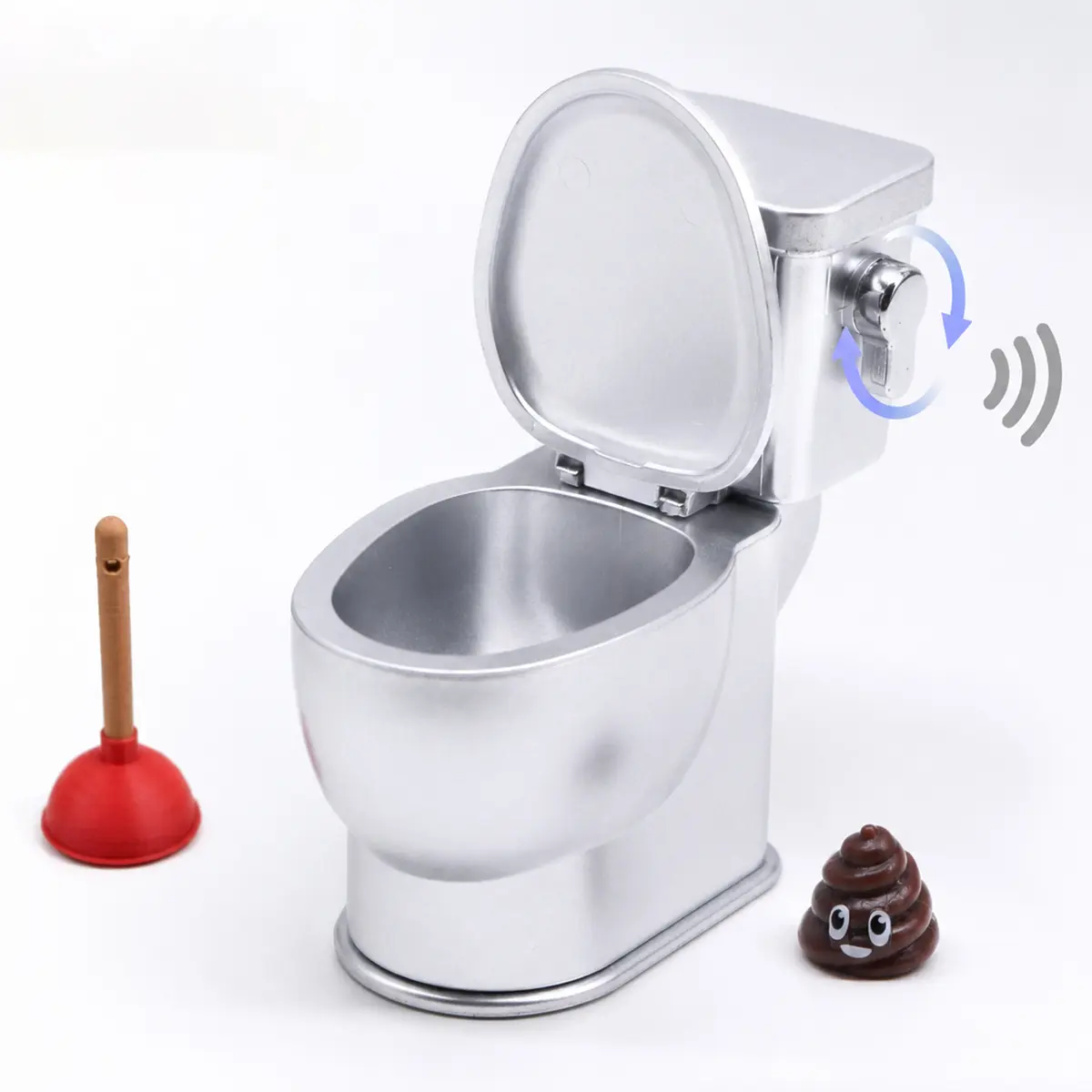 Decorative Glam Oval Silver Miniature Toilet Model Set - 2.36 in 3-Piece Desktop Bathroom Statue with Flush Sound Effect, Small Plunger, Novelty Photo Shelf Accessory, Compact