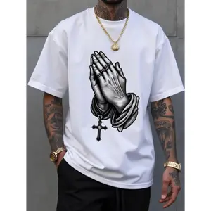Mens Christian Prayer TShirt Soft Breathable Cotton Relaxed Fit Tee Featuring Praying Hands Rosary Beads and Cross Ideal Religious Gift for Dad Birthday Easter Christmas Daily Church Wear Machine Washable Spiritual Attire Symbolic Pattern