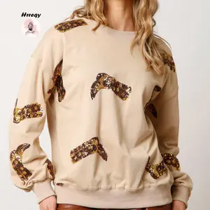 Women’s Sequin Sweatshirts Long Sleeve Round Neck Boots Embroidery Pullovers Oversized Tops