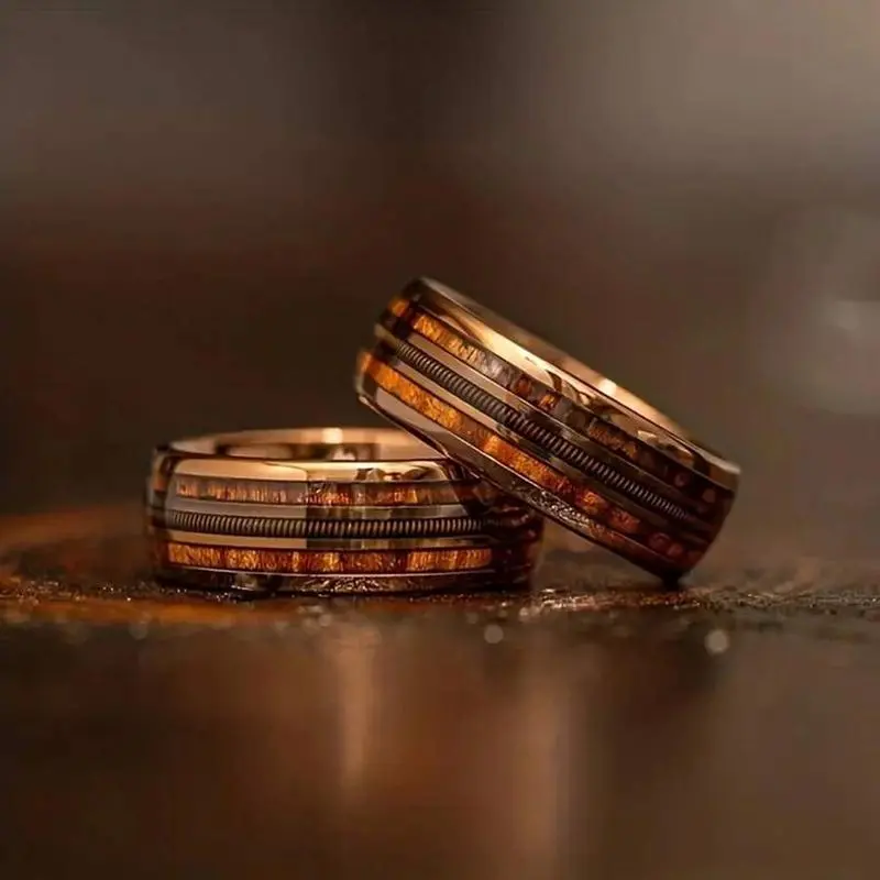 Men's Rose Gold Tone Wood Grain Business Fashion Ring - Elegant Wedding Band for Male Engagement, Anniversary, Birthday, Party Gifts