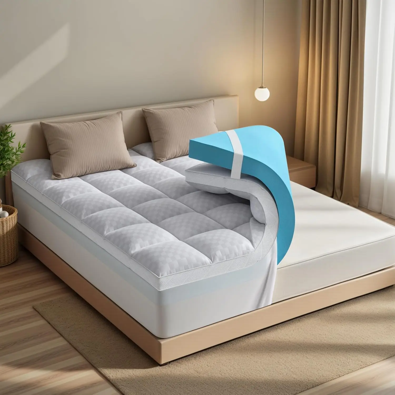 Dual Layer Memory Foam Mattress Topper for Pain Relief with 2X Support, 2" Fluffy Pillow Top King Mattress Topper Plus 2" Odor-Free Cooling Gel Memory Foam Ultra Comfort Mattress Pad Cover-Queen Size
