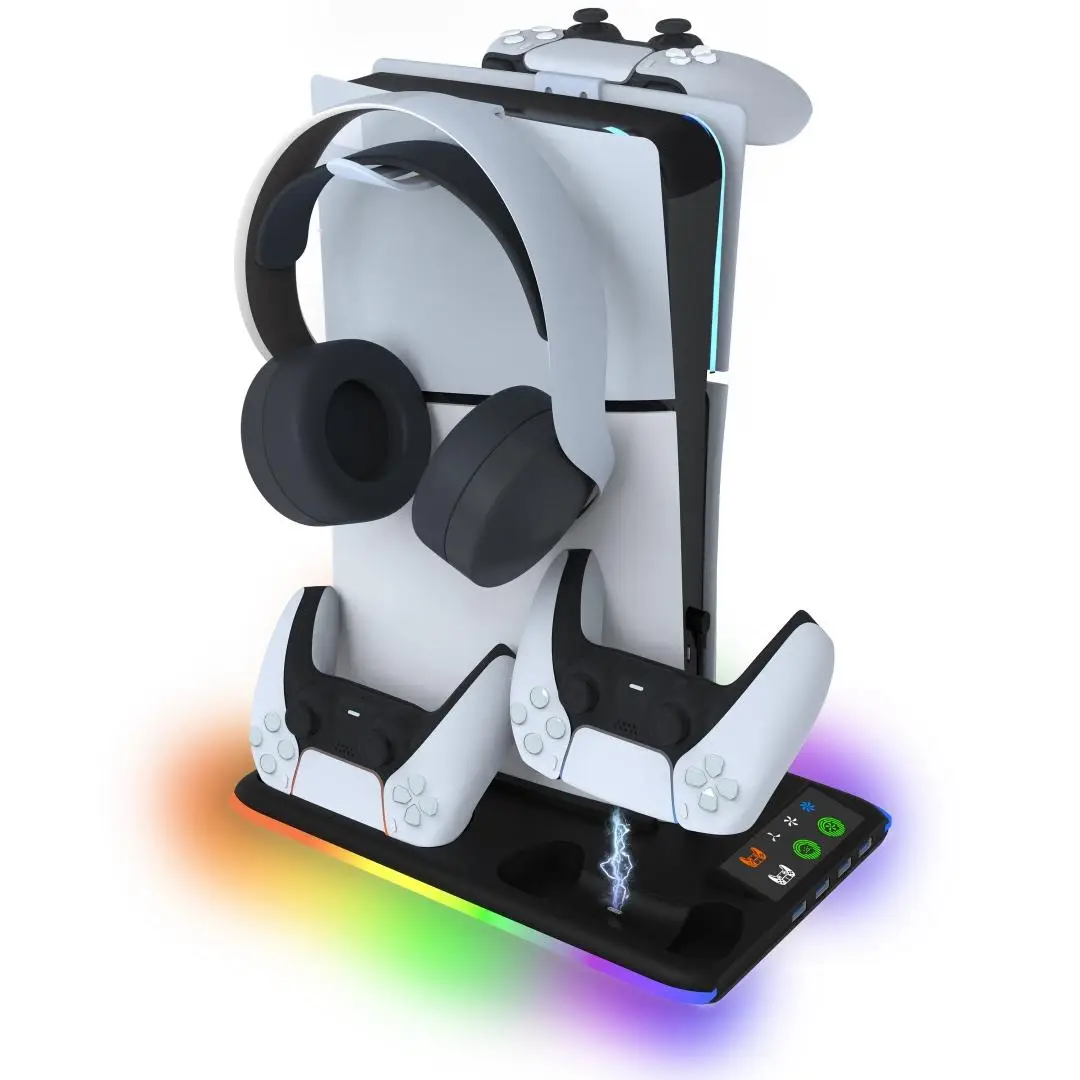 Controller Charger Station for PS5 & PS5 Slim, Gamepad Charging Base with 3 Level Cooling Fan & RGB Light & Wireless Headphones Holder for PS5 Console