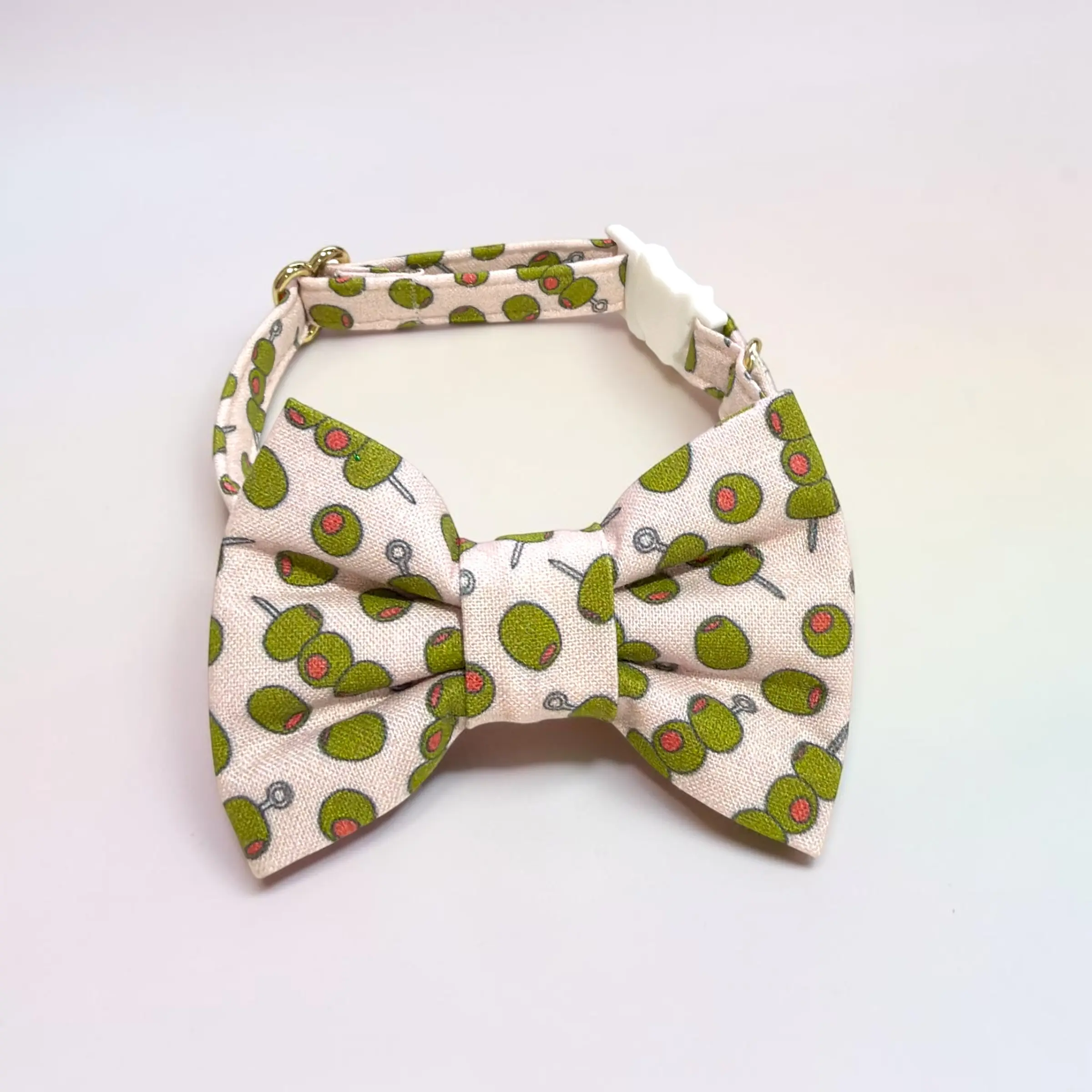 Handmade Olives Cat Collar with Attached Bow Tie | Breakaway Safety Buckle