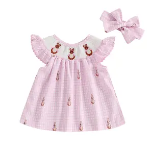 Canrulo Toddler Baby Girl Easter Dress Rabbit Flutter Sleeve Summer Smocked Dresses with Headband Easter Outfit