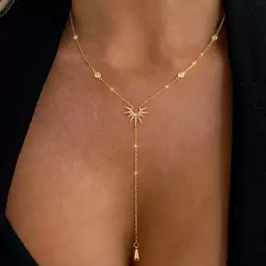 Stainless Steel Y-Shaped Pendant Necklace for Women Girls Elegant Fashion Cubic Zirconia Long Tassel Dangle Choker Jewelry Gifts