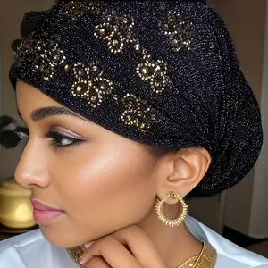 Elegant Women's Turban with Sparkling Rhinesne Plum Blossom - Elastic, Comfort Fit for Ramadan & Eid Celebrations