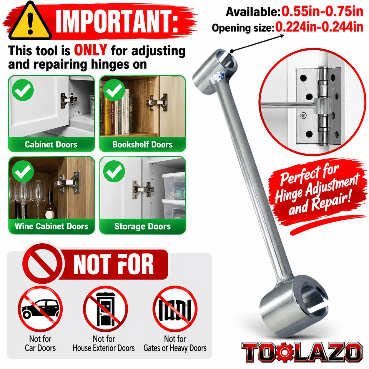 Heavy-duty double-ended hinge adjustment tool set with 14-19mm wrench.Designed for adjusting and repairing cabinet doors, bookshelf doors, wine cabinet doors, and storage doors. Ideal for precise hinge alignment, gap adjustment, and furniture maintenance.