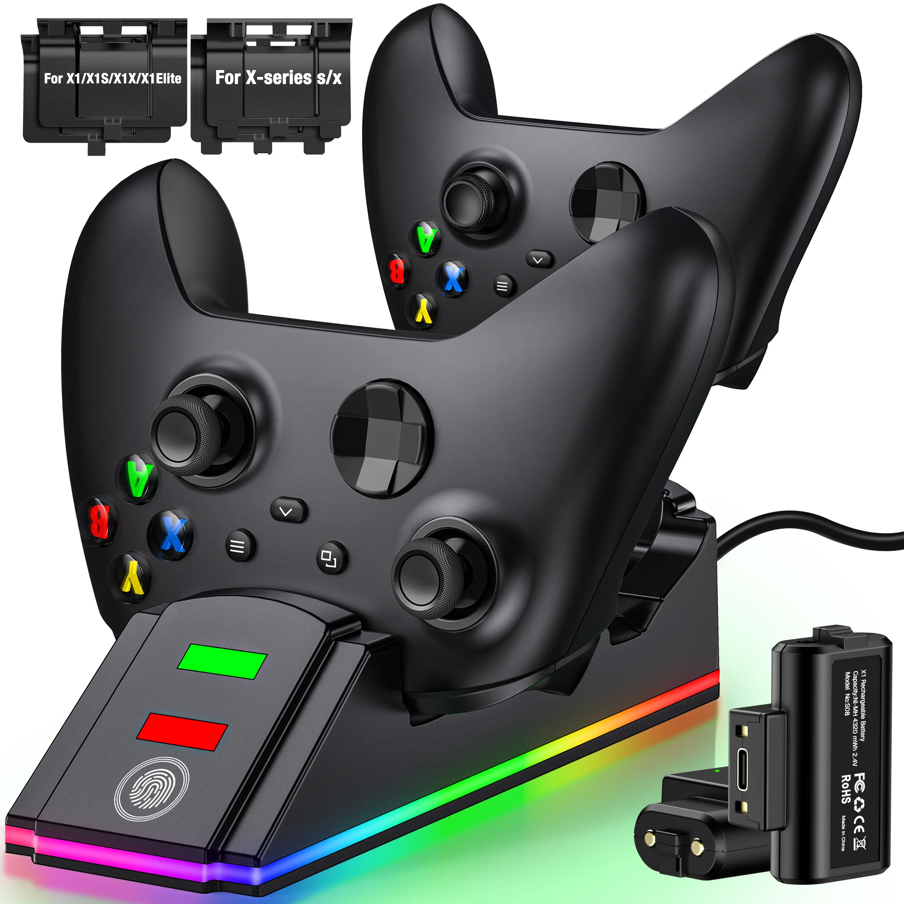 ESYWEN Xbox Controller Charger Station with 2 X 4320mWh Rechargeable Battery for Xbox Series X/S/One/Elite Controller, Dual Charging Dock with Cool Dynamic Light, 4 Packs Covers,back to school,back to school haul