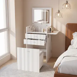 Dressing Table with Lighted Mirror and Stool, 3-in-1 Vanity Desk with 3-Color LED Lights and 2 Drawers, Flip-Top Hidden Storage,Compact Dresser for Bedroom, Office or Nightstand installation