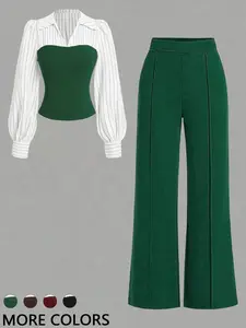 Women's Long Sleeve Colorblock Patchwork Shirt Set, Slimming Waist Design, Straight Leg Pants, Casual Fashion, Style, 2 Piece Set, Womenswear
