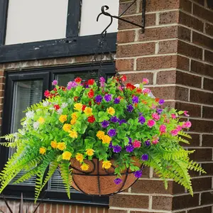 19.69-inch artificial hanging basket, Artificial hanging baskets, UV-resistant artificial roses, eucalyptus and ferns suitable for indoor & outdoor garden, porch, balcony, terrace, spring & summer decor, Garden Accessories