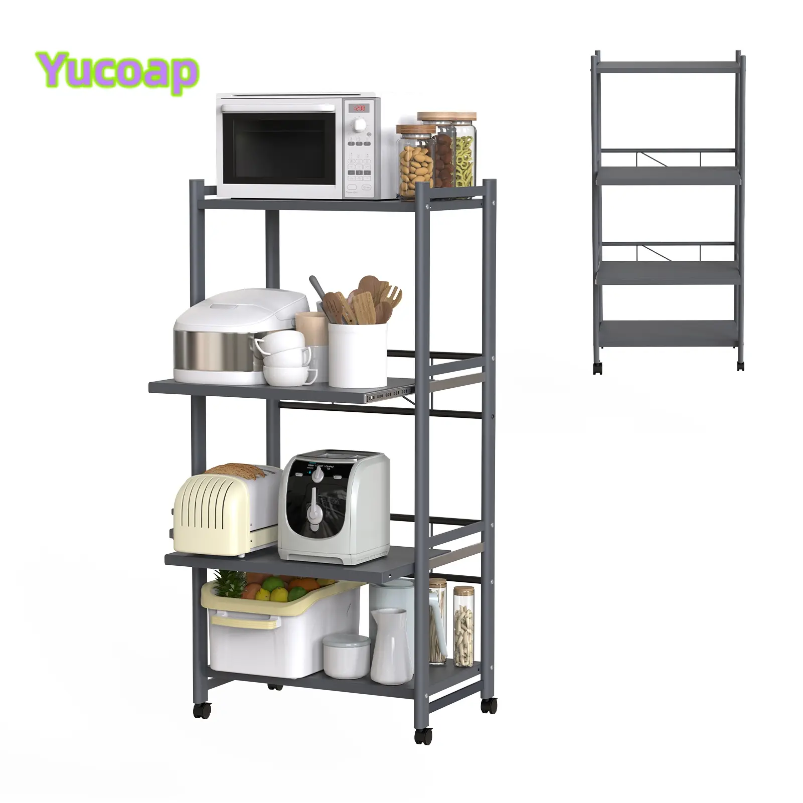 YUCOAP 4-Tier Kitchen Baker's Rack with Wheels, Freestanding Microwave Stand with Adjustable Shelves, Rolling Storage Cart, 23.6"W x 49.2"H