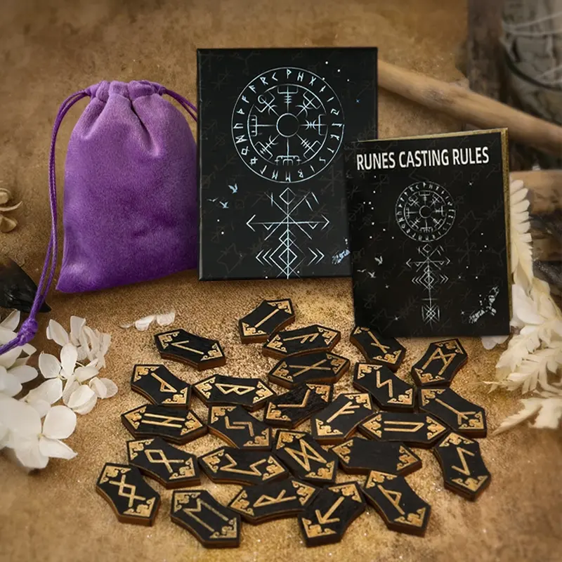 Wooden Runes Set, 25pcs/set Runic Wooden Runes with Guide Book, Divination Rune Set for Witchcraft Beginner Meditation Rules