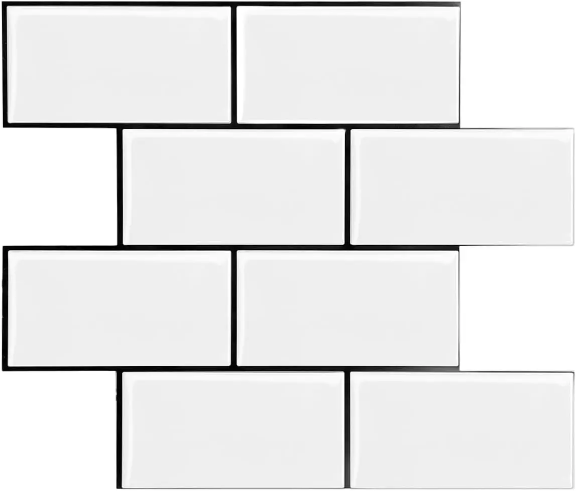 Self-Adhesive Subway Tile Backsplash - 10 Sheets Peel and Stick Vinyl Wall Tiles, 12.6in x 10.6in, 2mm-2.5mm Thick, Strong Glue Backing, Easy Install, 1.4 Times Coverage Area for Kitchen, Bathroom, RV, Laundry Room (White with Black Grout), Stronger Glue