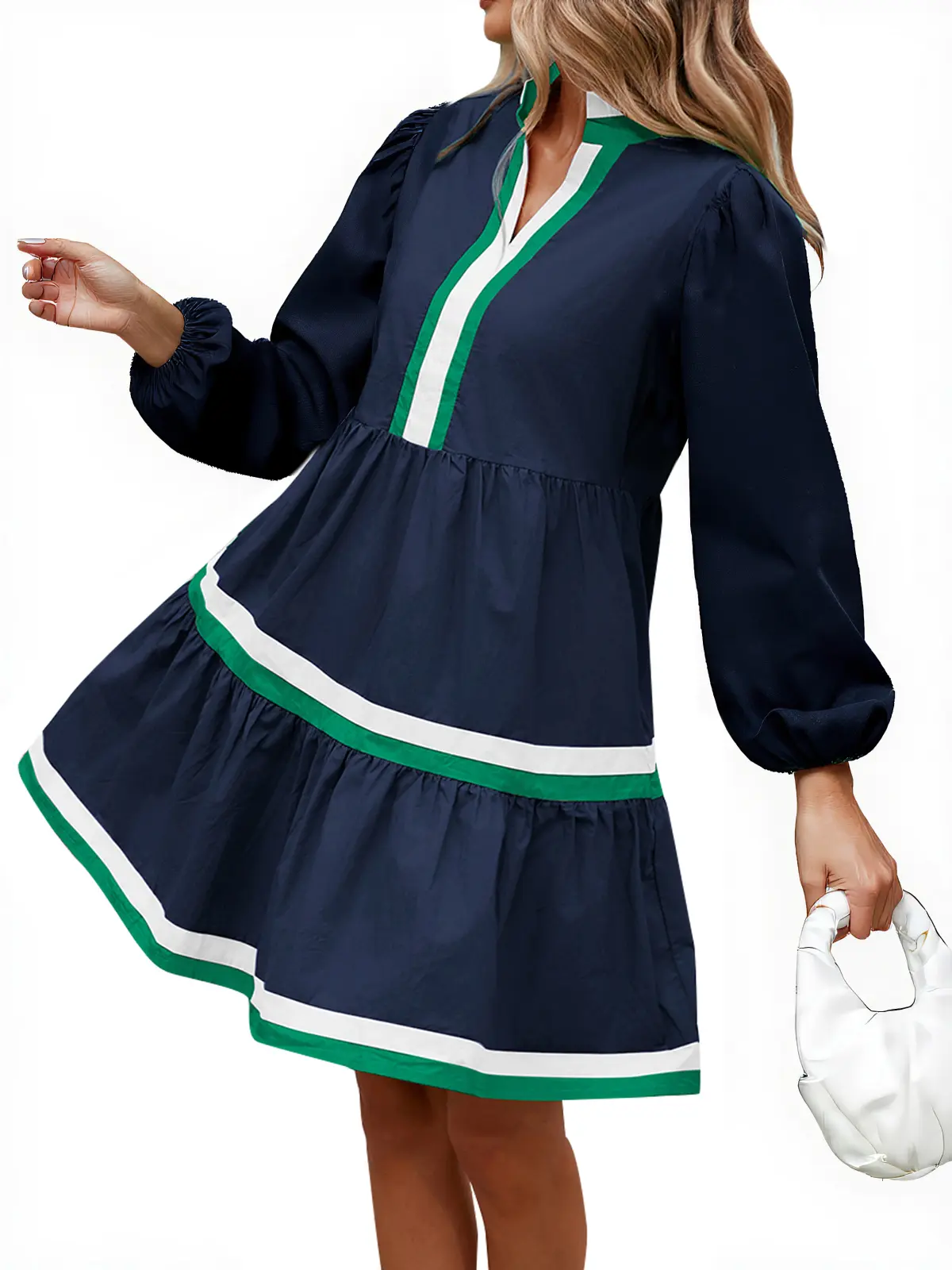 Women's Casual V-Neck Cut Puff Full Sleeves Stripes Block Tiered Mini Dress, Navy Blue, Casual Chic Style