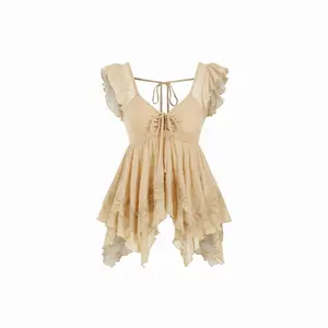 Cider Lace Sweetheart Ruffle Hem Knotted Short Sleeve Top