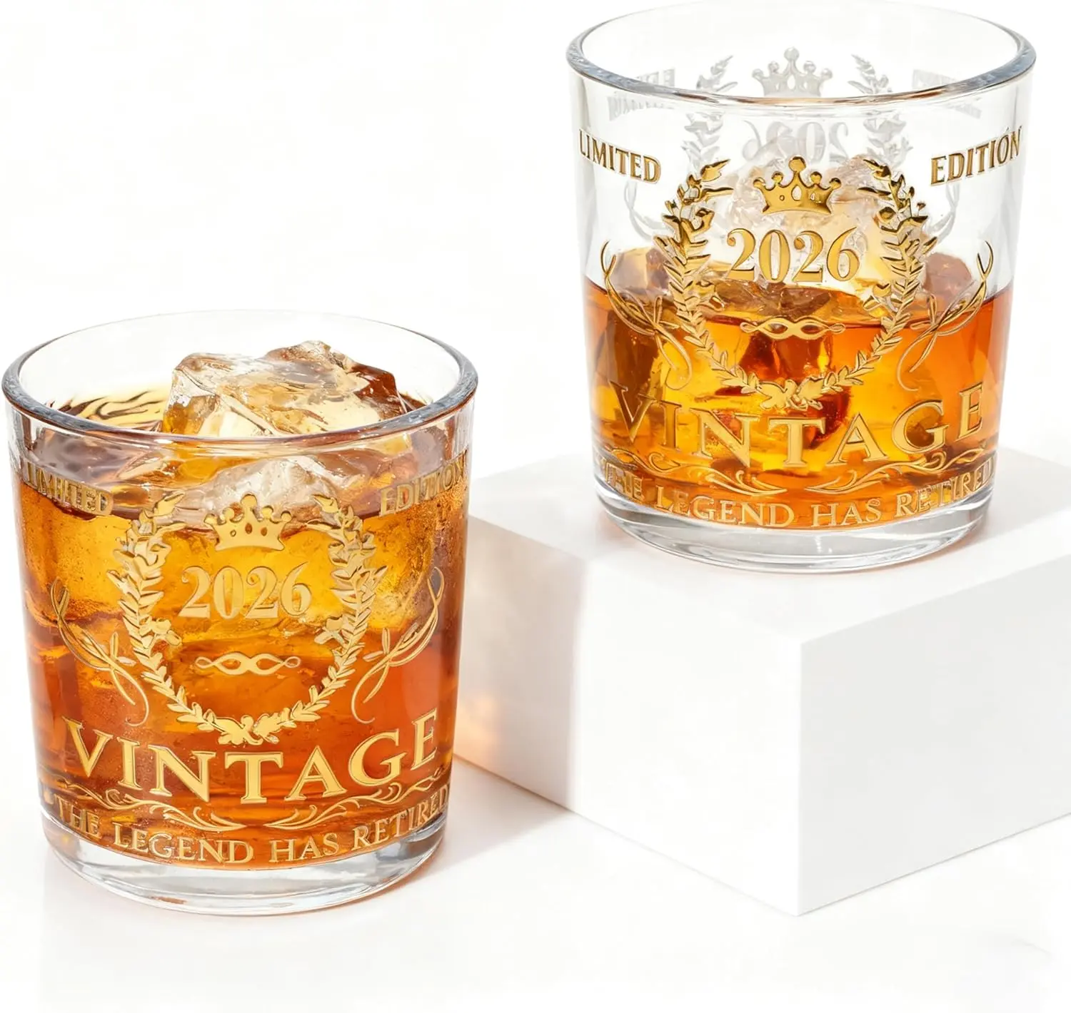 Vintage Gold Foil Print Whiskey Glasses (10oz) - Set of 2, Dishwasher Safe, Barware For Scotch, Bourbon, Liquor and Cocktail Drinks