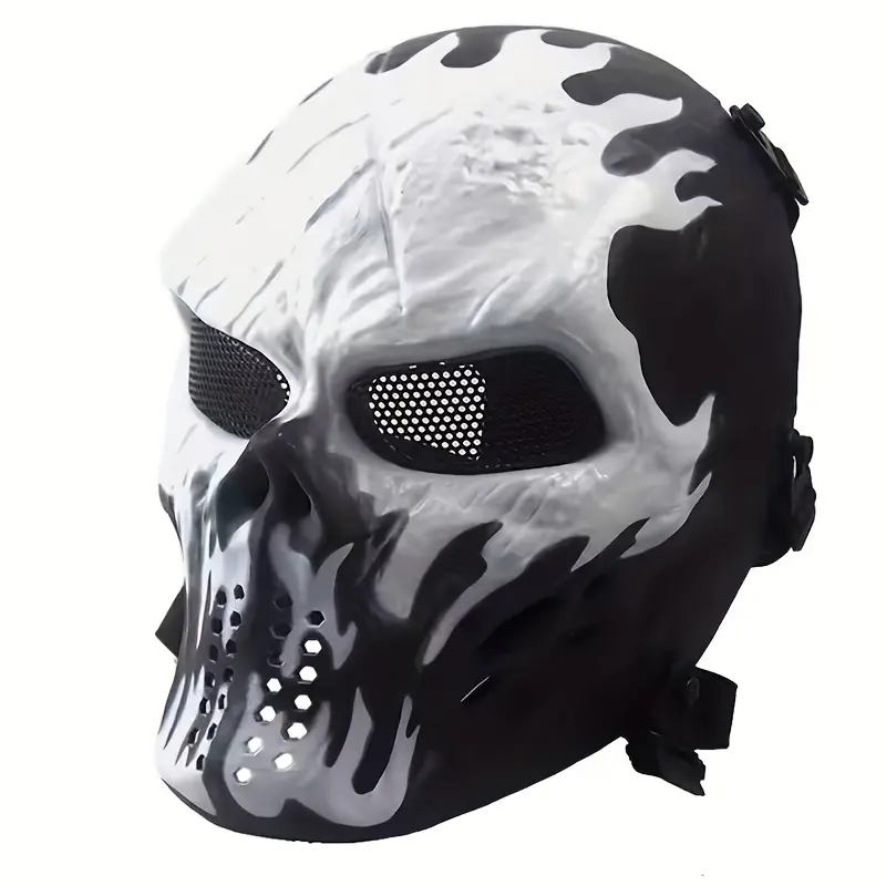 Adult Halloween Skull Camouflage Balaclava Face Mask - 1 Size, Durable Synthetic Polyester, Shock-Absorbing Design, Black & White, Breathable Vents, Adjustable Straps, Outdoor Riding & Halloween Party Fashion Accessory (Note: Do Not Wash), One Size