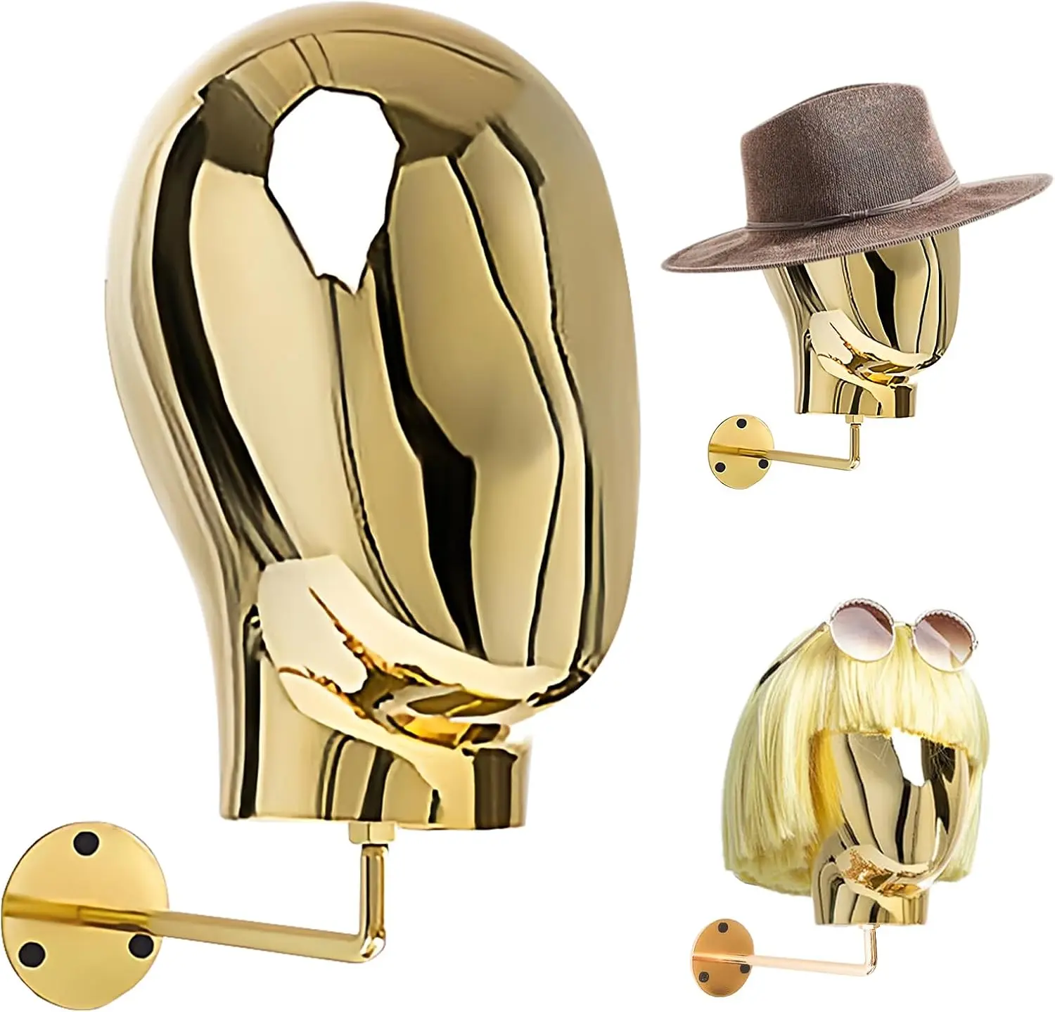 Modern Sculptural Mannequin Head, Solid Metal Wall-Mount Wig & Hat Holder for Boutique or Salon, Space-Saving Design with 360° Swivel Arm, Silver Chrome Finish, 20-Inch Circumference, Fashion Boutiques, Angle, Durability
