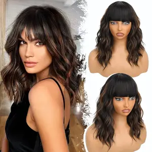 14 Inch Black with Caramel Highlights Wig Wavy Bob Wig with Bangs Synthetic Heat Resistant Wig for Women | Viral TikTok Wig Daily Wear & Night Out