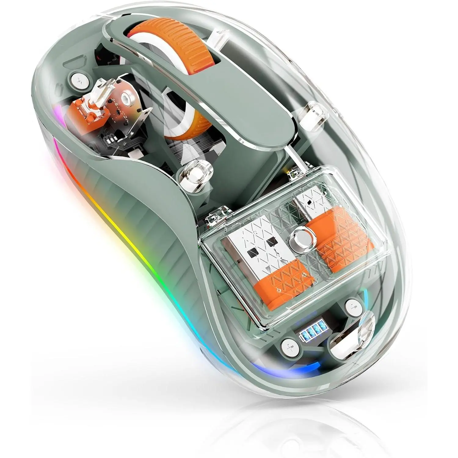 SQ-MUW005 Polycarbonate (PC) Wireless Bluetooth Mouse, Transparent RGB Tri-Mode, 2.4GHz & USB-C Receiver, Strong & Wide Compatibility, Versatile & Portable, Rechargeable Silent Ergonomic, LED Ring Light for MacBook/Laptops - Green