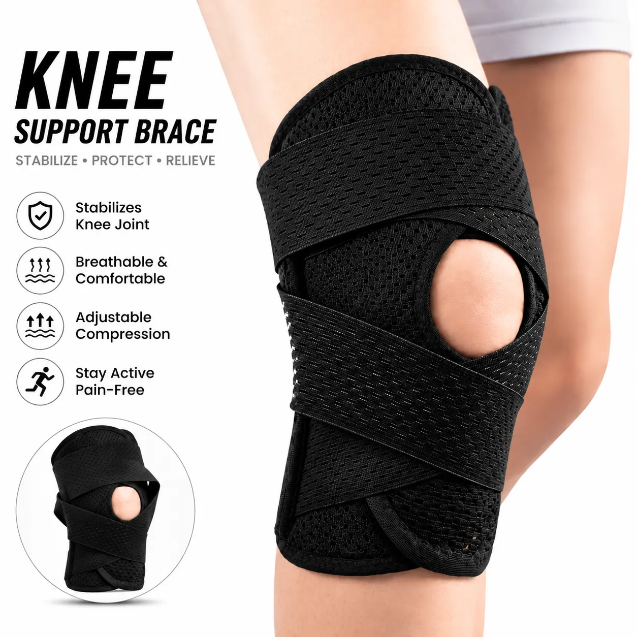 Breathable Adjustable Knee Brace with Side Stabilizers, Pain Relief Patches for Meniscal Tear, ACL-MCL Injuries, Arthritis Recovery for Adults