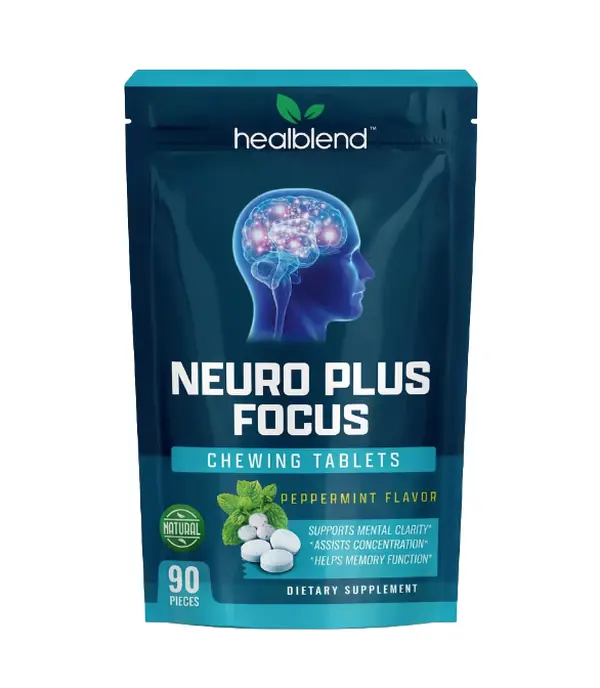 Healblend Neuro Plus Focus Chewing Tablet - Peppermint Flavor - Nootropic Energy Tablet with Caffeine, L-Theanine, Rhodiola - Supports Memory, Mental Clarity & Concentration - 90 Pieces