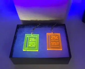 Earrings 80s/90s video games: 25c; Coin to Play; Push to Reject; Arcade; Party! Black Light EDM Many colors! Retro--=%2=- christmas=%2=----=%2=- gift=%2=-- christmas gift