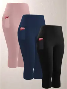 3 Pack Women's 5'' High-Waisted Capri Pants, capri leggings, Side Pocket Leggings, Super Soft Tummy Control, Pocket Design, Ideal for Workout & Yoga, Summer Activewear