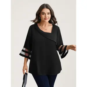 BloomChic Women's Plus Size Polyester Blouse - 2026 Summer Pick, Sheer Sleeves, Patchwork Design, Asymmetrical Neckline, Smooth Fabric, Casual Fit Shirts for Lady (Mother's Day Option) Swimweek