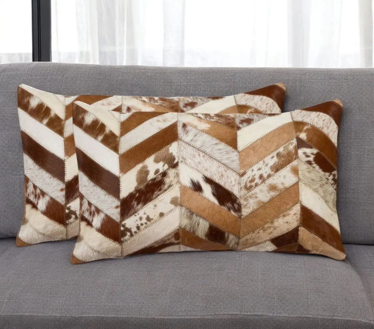 HomeRoots 544582 Aesthetic Standard 12x20 in. Brown & Natural Chevron Cowhide Lumbar Throw Pillows - Set of 2, Aesthetic Standard Pillows