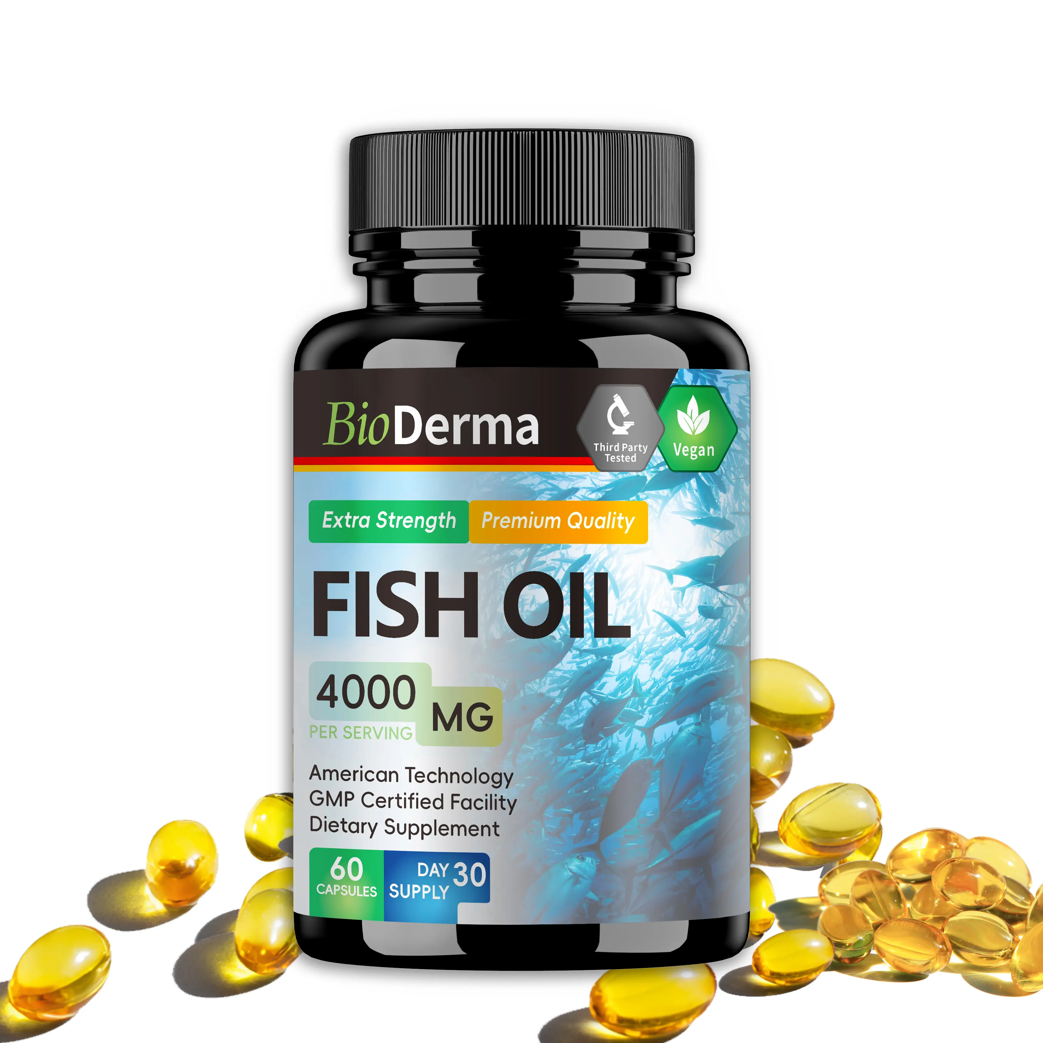 BioDerma Omega-3 Premium Fish Oil 4000 MG Extra Strength 60 Capsules Vegan GMP Certified American Technology Healthcare
