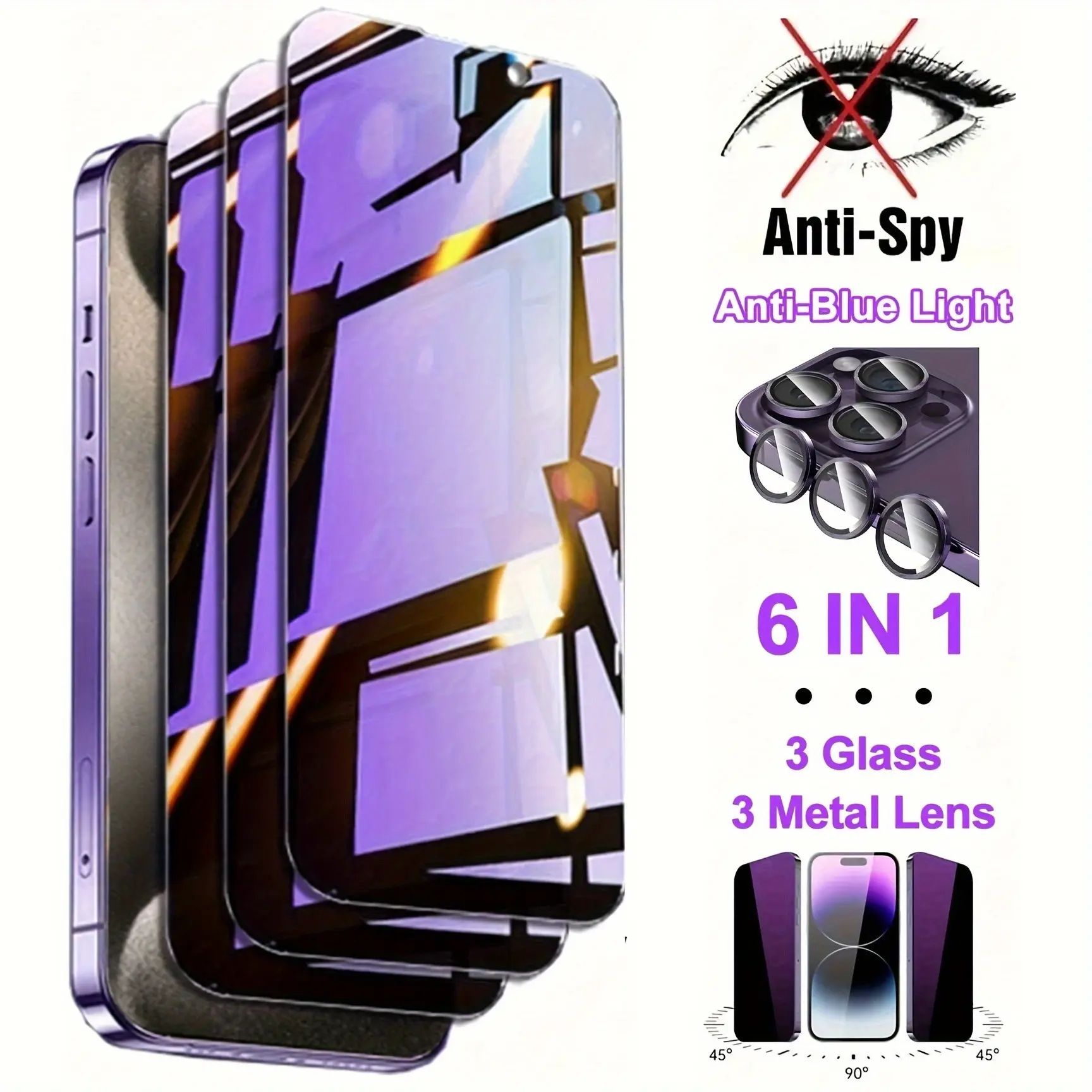 6in1 3pcs Anti-blue Light Privacy Tempered Glass, Tempered Film, 3pcs Purple Metal Lens, For iPhone 17 Pro Max/16 Pro Max/17/16/15/14/13/12/Mini/Plus Screen Protector, Camera Lens Protector, Full Cover 9H Hardness