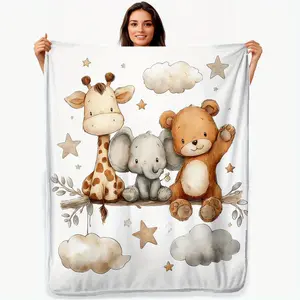 Flannel Animals Print Blanket - Giraffe, Elephant & Teddy Bear Bedspread, Soft Lightweight Bed Cover Room, All-Season Cozy Bedding with Neutral Beige/Brown/ Colors, Easy Foldable Storage
