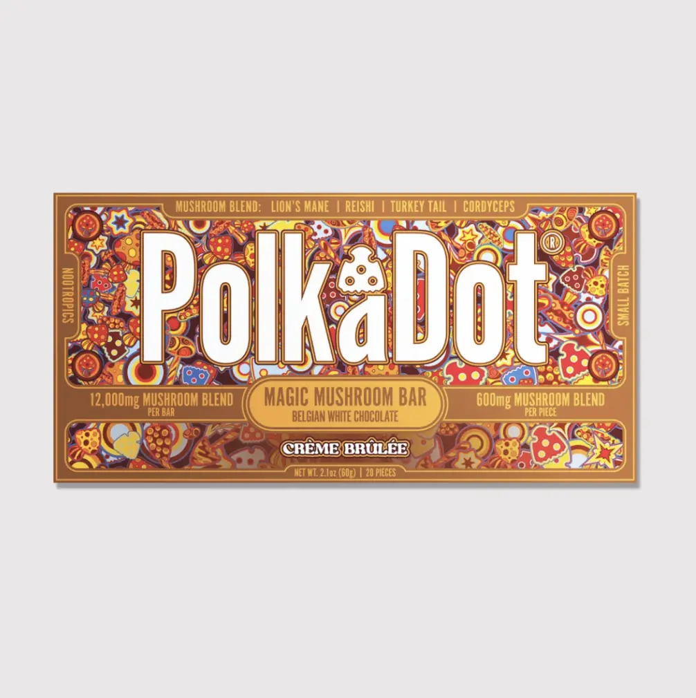 Polkadot Belgian Chocolate, Creme Brulee, 20 Count, High Potency Plant-based Mushroom Snack, 100% Organic, High-Quality Ingredients, Made in USA, All Natural, Healthy Chocolate, 20 Piece Chocolate Bar