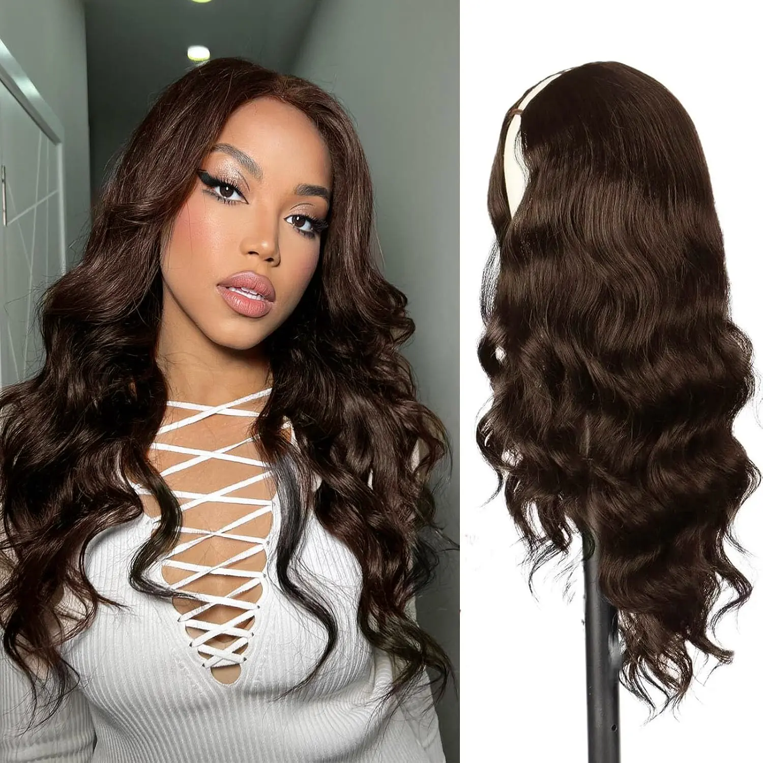 Dark Brown V Part Wig Long Body Wavy Upgrade U Part Synthetic Hair for Black Women 26Inch Full Head Clip In Hair Glueless Natural Wavy Women Wigs For Daily Use