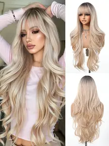 Platinum Blonde Long Curly Wig with Bangs for Women - Natural Appearance, 28inch，Heat-Resistant Synthetic Hair, Full Head Coverage, Elegant and Versatile Style Fashion Wig Glueless Hairline Wig
