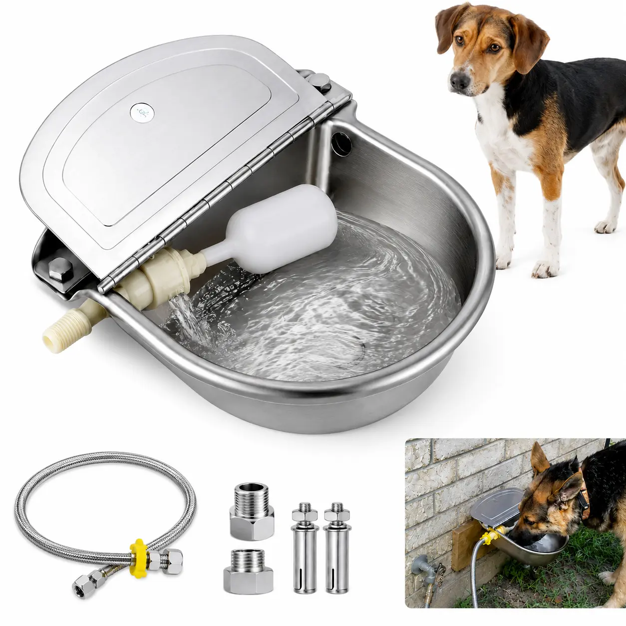 Automatic Livestock Water Bowl, Stainless Steel Float Valve Waterer with Drain, 2.5L Auto Refill Bowl for Horses, Goats, Dogs & Farm Animals
