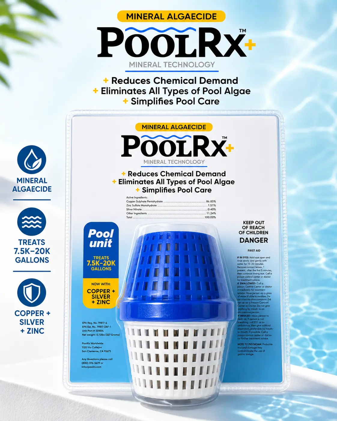 PoolRx+ Mineral Algaecide Pool Unit – Copper, Silver & Zinc Pool Treatment – Treats 7,500–20,000 Gal Home Improvement Garden Supply