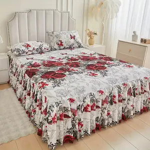 3pcs Premium Rose Floral Pattern Decorative Microfiber Bedding Set, Soft Breathable Sheets with Luxurious Fabric, Ruffled Hem Dress Design, Elastic Corner Straps for Comfortable Sleeping, Fits Full, King, Queen Beds, Decorative Bedding Set
