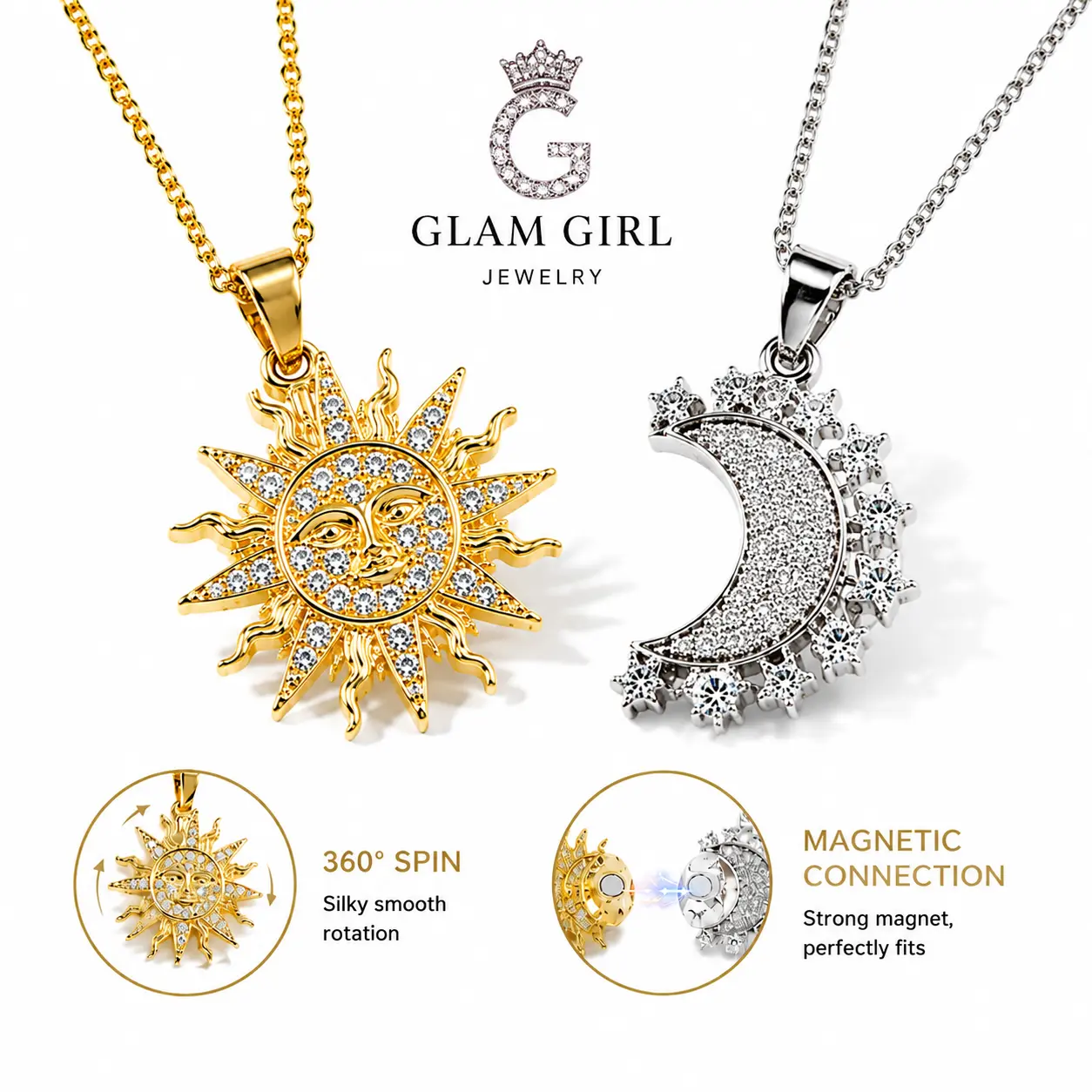 Magnetic Sun Moon Necklace for Women, 360° Rotating Pendant Necklace, Sparkling Zircon Crystal Celestial , Gold & Silver Couple Layered Necklace season jewelry