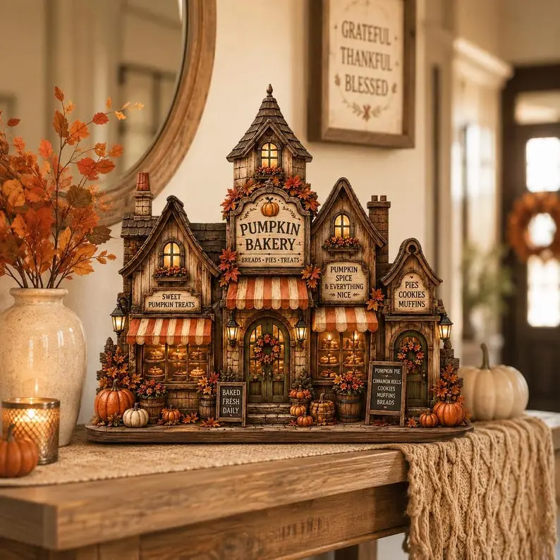 Wooden Harvest Bakery House 2D Sign, Vintage Halloween Decor, Vintage Pumpkin Bakery Decor, Cozy Autumn Shelf Sitter, Rustic Fall Village Decor, Fall Gift Home Decor, Fall Decor 2026, Bookshelf Decor