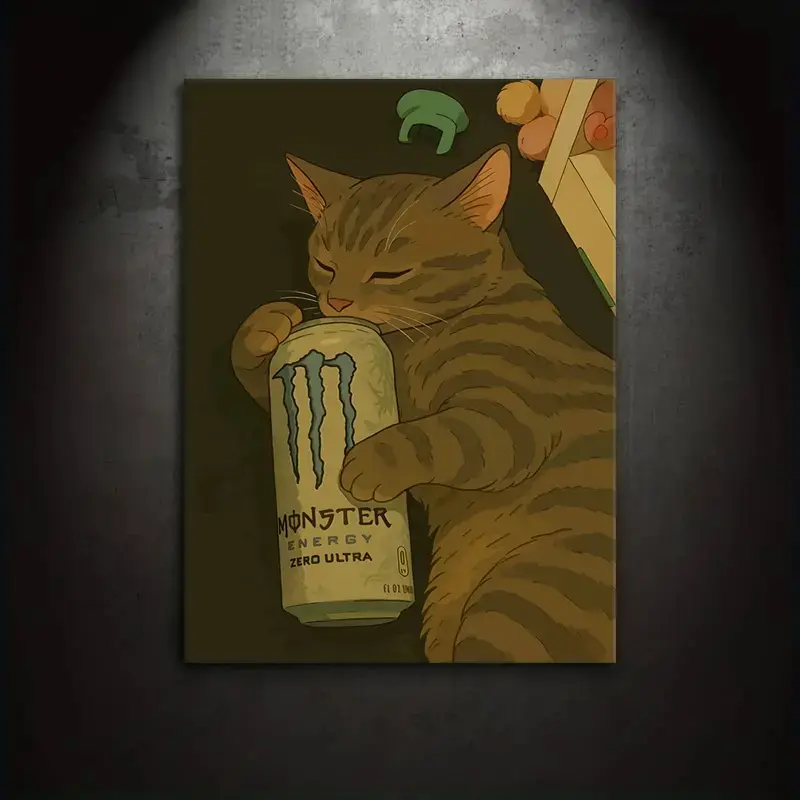 1 Piece/Set Canvas Painting Print Poster, Print Design, Classic Chill Minimalist Nostalgic Anime Lo-Fi Meme Pop Art, Cat Nap, Perfect Gift for Energy Drink Lovers, Bedroom, Study, Office, Living Room, Kitchen, Mural, Home Wall Decor, Home Decor