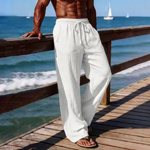Men’s summer solid-color linen wide-leg pants—thin, breathable straight-leg casual long trousers with drawstring and pockets, suitable for everyday outings and home leisure.