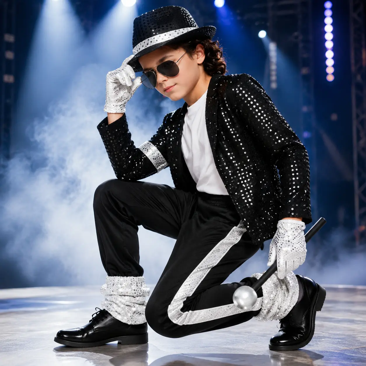7PCS Kids Michael Costume Set, Jackson Boys Sequined Jacket Pants Hat Gloves Sunglasses Microphone Accessory Kit, Classic Pop Star Halloween Cosplay Outfit for Stage Performance Birthday Party Dress Up