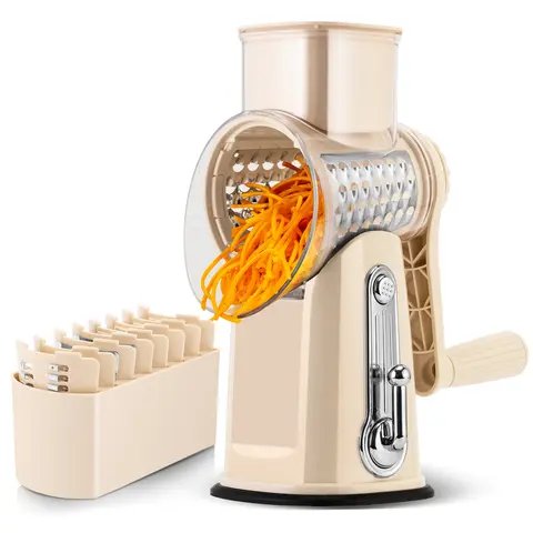 SUSTEAS Multifunctional Cabbage Grater Veggie Chopper Mandoline Slicer - 5 Replaceable Blades (Including Wavy), 18/10 Stainless Steel, BPA-Free Smooth Compact Beige Kitchen Utensil, Powerful Suction Cup Base, 11 x 6 x 5 in, 2.8 lb, for Cooking